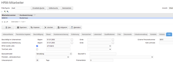 myfactory HRM-Mitarbeiter im Register PZE PZE Mitarbeiterdaten